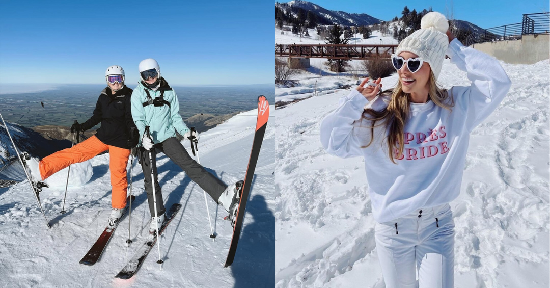 Bride and bridesmaids having fun in the snow on their winter hens party trip