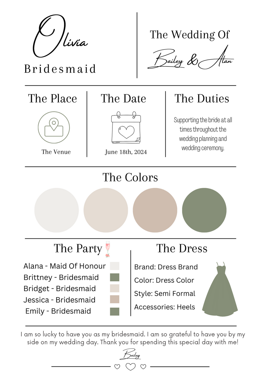 Bridesmaid Information Card