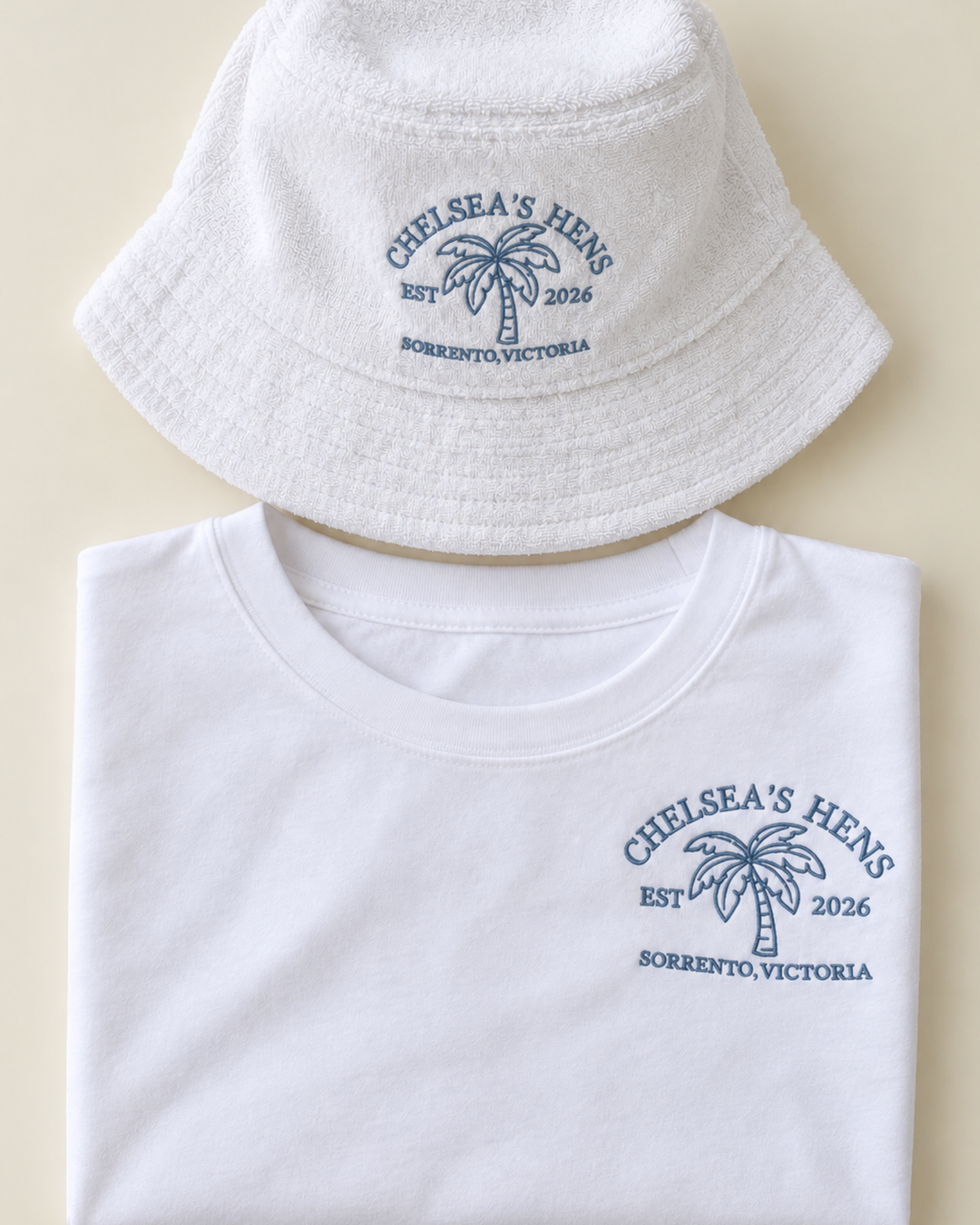 Personalised hens party t-shirt in white with custom embroidered badge