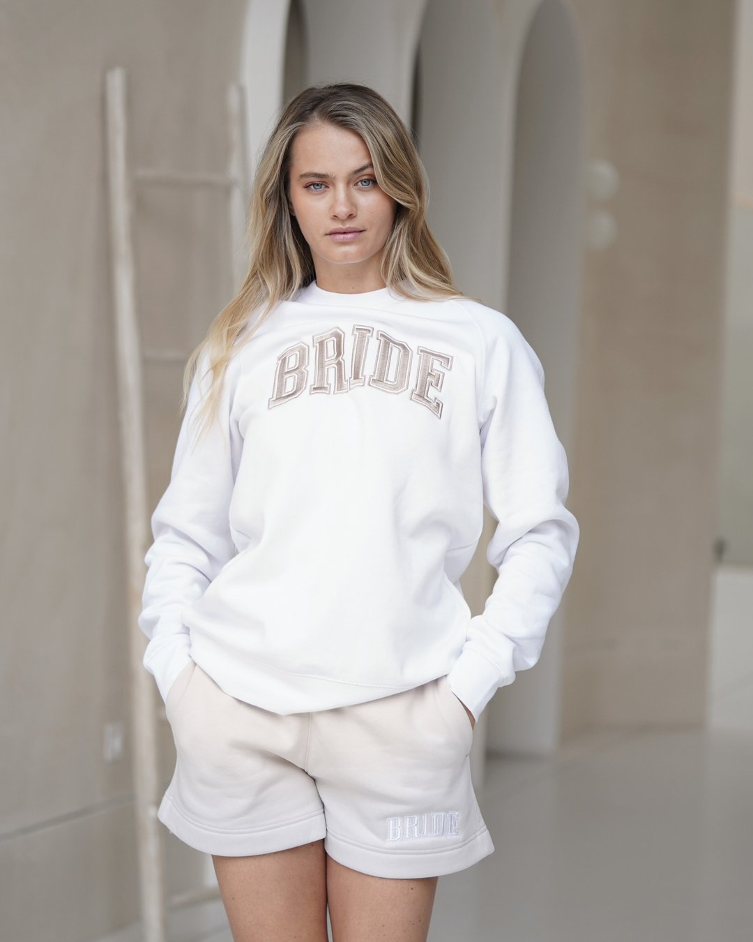 The Weekend Bride Set – Tee, Shorts, White Hoodie