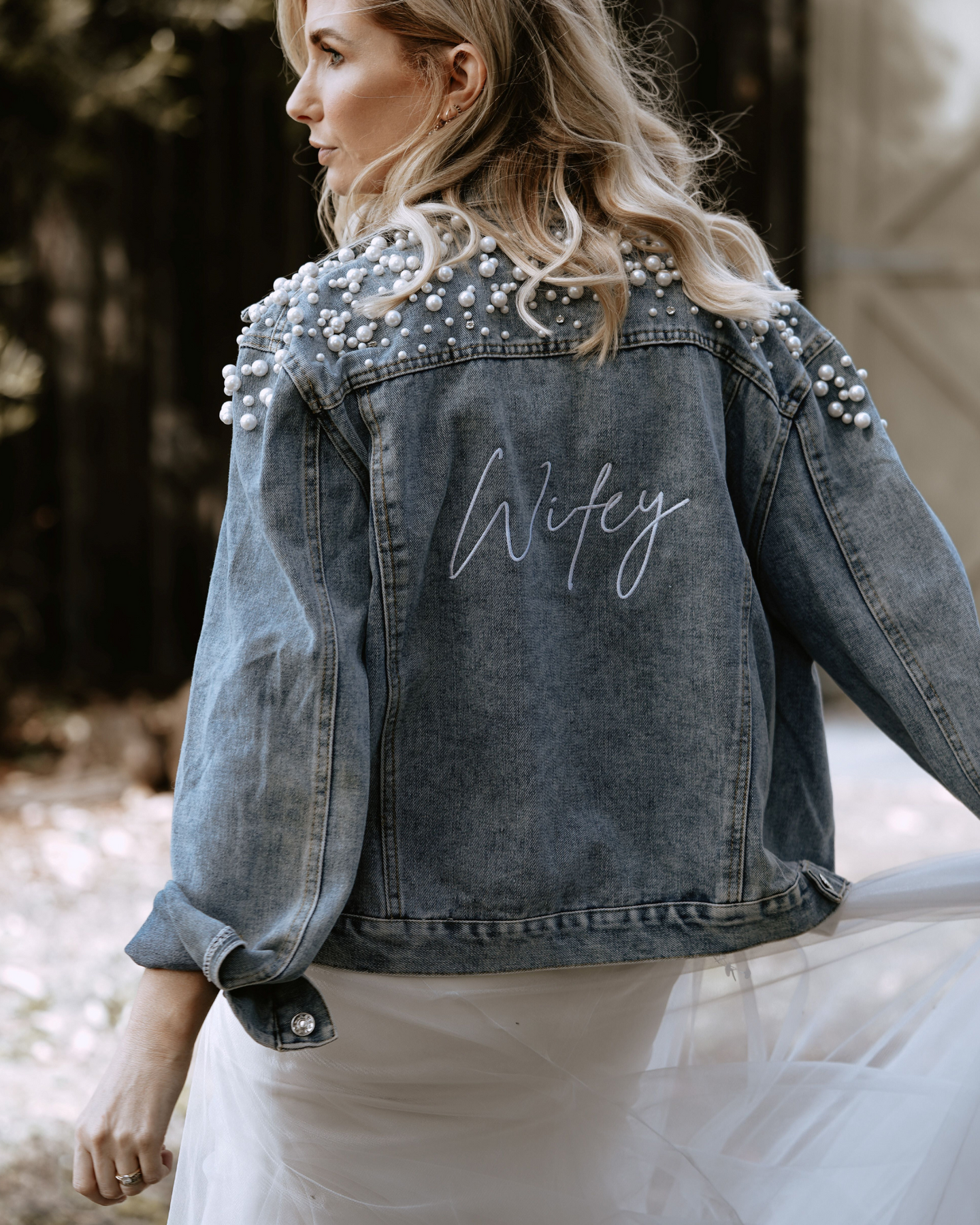 Embroidered Deluxe Pearl Wifey Denim jacket Bride Tribes