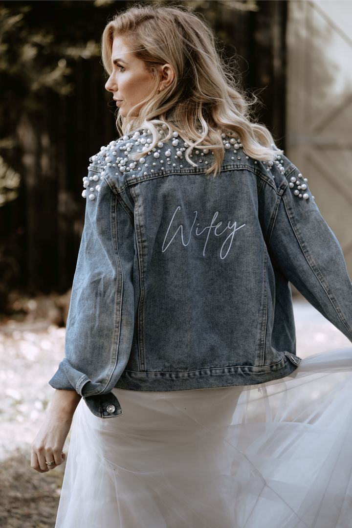 Embroidered Deluxe Pearl Wifey Denim jacket Bride Tribes